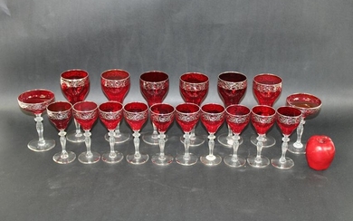 Lot of 18 ruby red stemware with silver overlay
