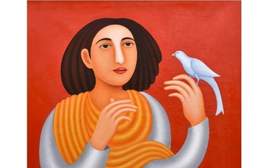 MANJIT BAWA (1941-2008) LADY AND BIRD, OIL ON CANVAS, SIGNED...