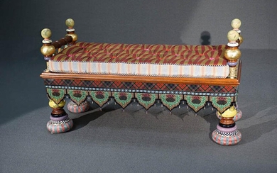 MacKenzie-Childs Painted and Decorated Wood 'Ridiculous' Bench; together with Reversible Cushion
