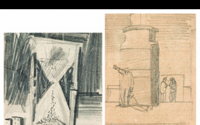 Mario Sironi ( Sassari 1885 - Milano 1961 ) , "Studio per l'illustrazione 'La pace russa' (published in 'Il Popolo d'Italia n. 85, 9 aprile 1922)" pencil on paper, cm...