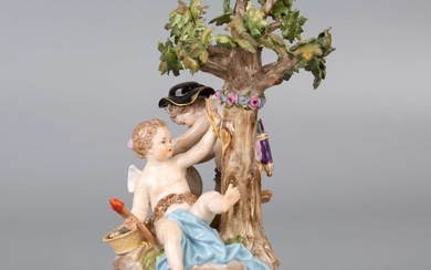 Meissen Porcelain Figurine, 2 Cupids Under A Tree Sharpening Arrows