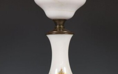 Milk glass oil lamp, 19th century, with gilt...