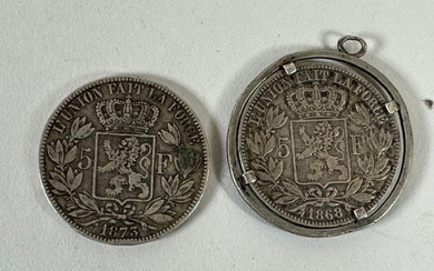Monnaie : deux pièces en argent de 5 francs Léopold II roi des Belges, 1873...