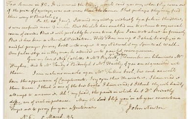 NEWTON, JOHN. Autograph Letter Signed, to Baptist