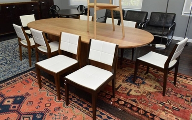 NINE CONTEMPORARY WHITE VINYL AND STAINED WOOD CHAIRS (PLEASE NOTE 5 ARE STAINED DARKER THAN THE OTHER FOUR)