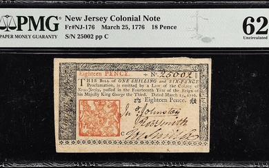 NJ-176. New Jersey. March 25, 1776. 18 Pence. PMG Uncirculated 62.