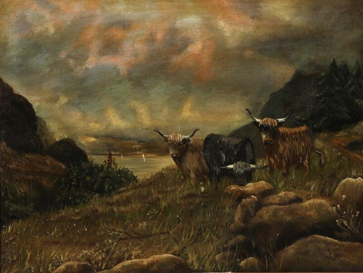 NOT SOLD. British school, early 20th century: Grazing highland cattle. Signed and dated E. Lowes 1911. Oil on canvas. 46 x 61 cm. – Bruun Rasmussen Auctioneers of Fine Art