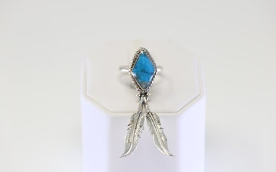 Native American Navajo Sterling Silver Turquoise / Feather Ring By Jerome Lee.