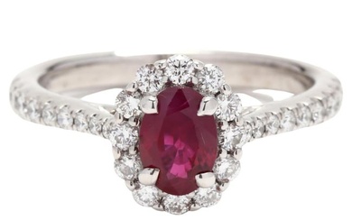 Natural Ruby Diamond Halo Engagement Ring, 14KT White Gold, Ring