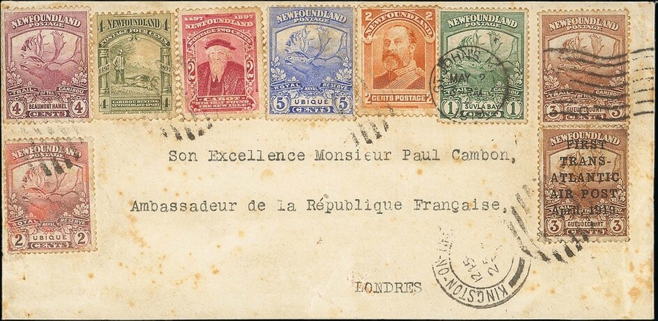 Newfoundland Airmails 1919 'Hawker' 3c. brown signed 'J.A.R.' on reverse, used in combination w...