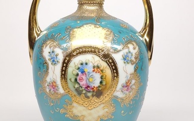 Nippon Teal Blue & Gold Floral Rose Vase