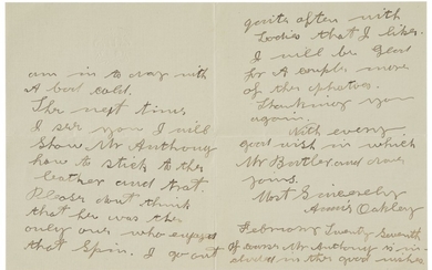 Oakley, Annie. Autograph letter signed, 27 February 1921, to Mrs. W.P. Anthony