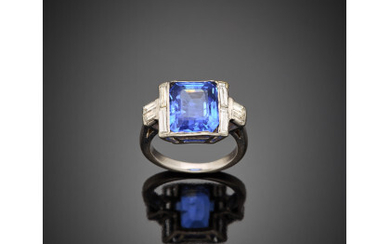 Octagonal ct. 6.30 circa sapphire and baguette diamond platinum ring, g 8.01 circa size 12/52. (slight defects) Appended short report...