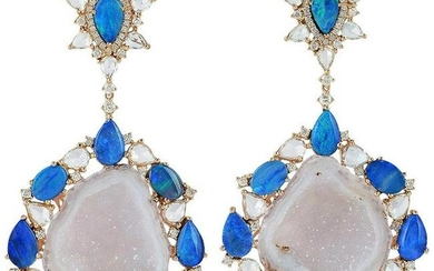 One of a Kind Geode 10.4 Carat Opal Diamond Earrings