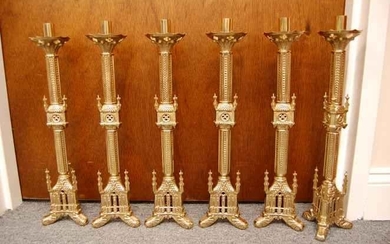 Ornate Set of 6 Gothic Altar Candlesticks + 18 1/4"