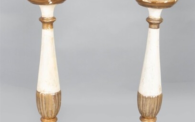 PAIR OF BAROQUE STYLE PARCEL-GILT WHITE PAINTED PRICKET STICKS