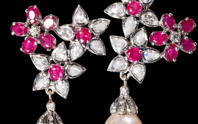 PAIR OF RUBY, DIAMOND AND PEARL FLORAL EARRINGS, High carat ...