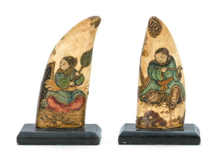 PAIR OF UNUSUAL WHALE'S TEETH WITH LACQUER DECORATION IN CHINESE MOTIFS Both teeth with scenes of Chinese figures in a landscape tha..