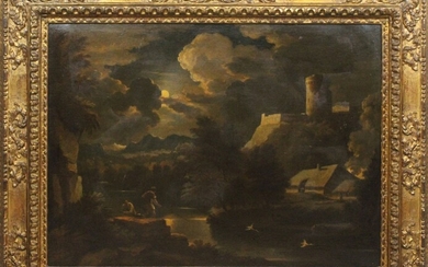 Paesaggio fluviale con pescatori al chiaro di luna, olio su tela, cm 72x98, entro cornice, Pieter Mulier Cavalier Tempesta ( Haarlem, 1637 - Milano, 1701)