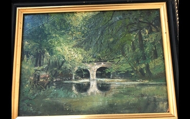 Painter unknown, 20th century: Landscape with a lake and a bridge. Signed monogram. Oil on canvas. 22.5×29 cm.