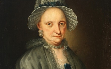 Painter unknown, late 18th century: Portrait of a noble lady wearing a hat and blue bow. Unsigned. Oil on canvas. 79×63 cm.