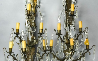 Pair 5 Arm French Style Bronze & Crystal Sconces