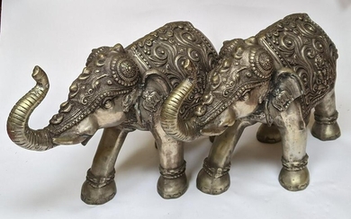 Pair Asian Silver Plated Bronze Ceremonial Elephants
