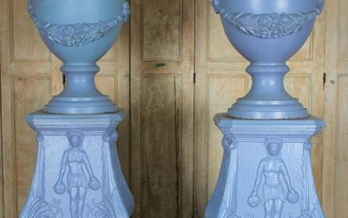 Pair Cast Iron Neo Classical Urns on Stands