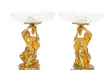 Pair, French Gilt Figural Bronze & Glass Tazzas