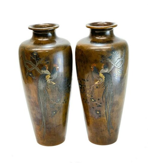 Pair Japanese Meiji Bronze Mixed Metal Inlay Vases