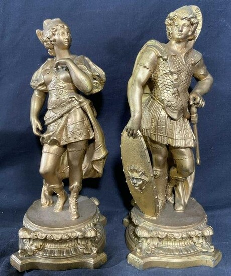 Pair Metal Greco Roman Tabletop Sculpture