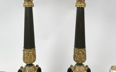 Pair Neoclassical Style Gilt/Verte Columnar Lamps