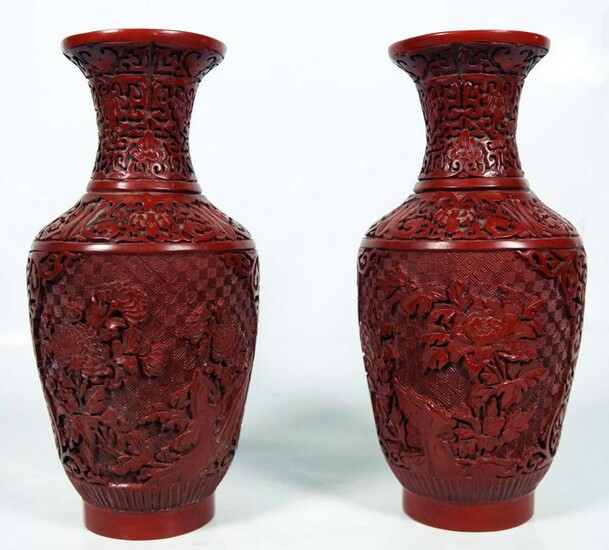 Pair Of Large Antique Chinese Carved Cinnabar Red Vases