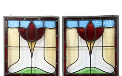 Pair antique Art Nouveau / Arts & Crafts square red tulip floral leaded stained glass windows. 19