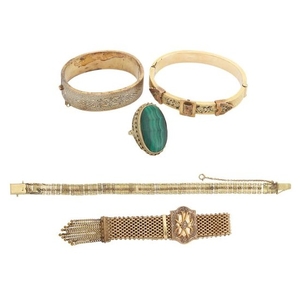 Pair of Antique Gold and Enamel Bangle Bracelets, Gold Bracelet, Gilt-Metal Slide Bracelet and Malachite Ring