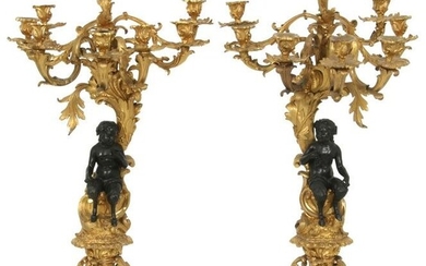 Pair of French Louis XV-Style Bronze Seven-Light Candelabra