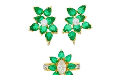 Pair of Gold, Diamond and Emerald Earclips and Ring