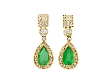 Pair of Gold, Emerald and Diamond Pendant-Earrings