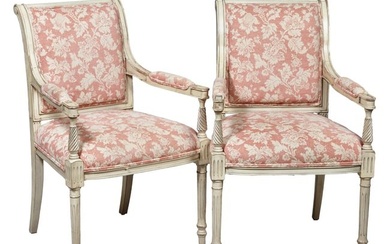 Pair of Louis XVI Style Creme Peinte Fauteuils, 19th c., scrolled backs, padded arms, opposing