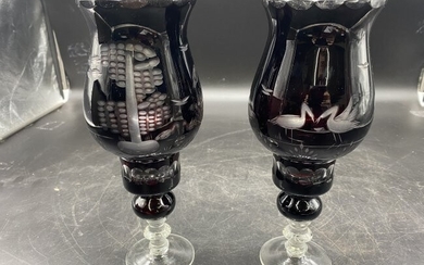 Pair of Purple Cut to Clear Candleholders
