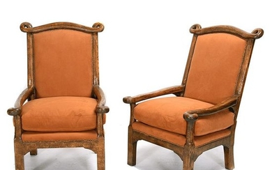 Pair of Victorian Style Oak and Suede Upholstered