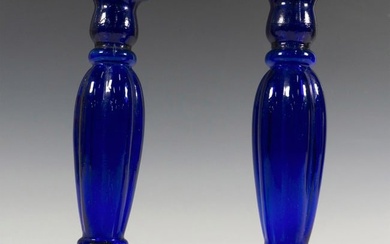 Pair of Vintage Art Glass Blue Candle Holders