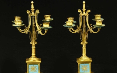 Pair of antique French gilt bronze and enamel candelabras