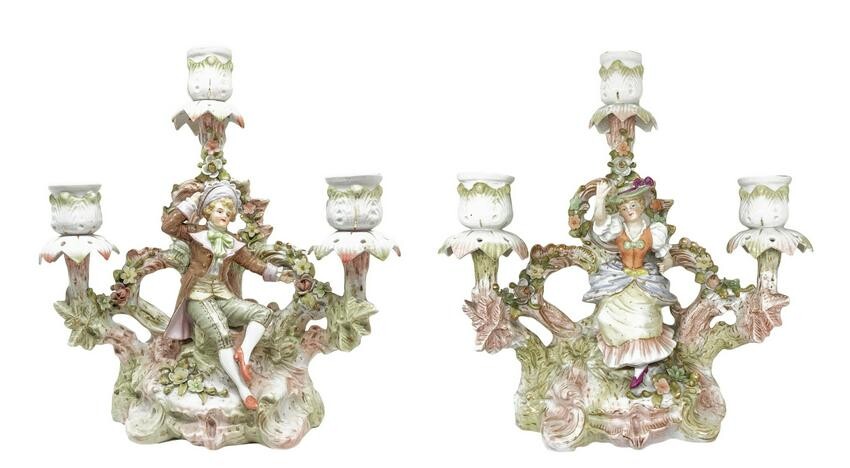 Pair of porcelain candlesticks with three lights