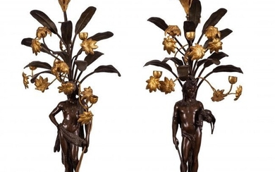Pair patinated bronze and marble Egyptian Candelabra