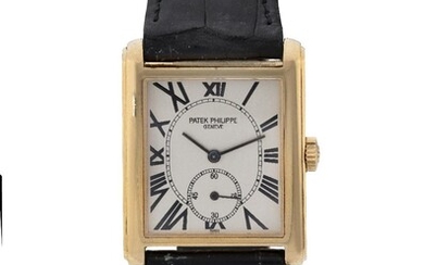 Patek Philippe. An 18ct gold manual wind wristwatch, Gondolo, Ref. 5014, c. 1995 with silvered dial, applied exploding Roman numerals, subsidiary running seconds at 6, 18 jewel, Cal. 215 manual wind movement numbered 1'846'976 and adjusted to 5...