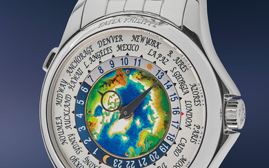 Patek Philippe, Ref. 5131/1P-001 An exceptional and very well-preserved platinum world time wristwatch with bracelet, cloisonné enamel dial depicting the North Pole, Certificate of Origin, and presentation box