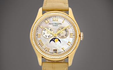 Patek Philippe Reference 4936 | A yellow gold and diamond-set annual calendar wristwatch with moon phases and mother-of-pearl dial, Circa 2008 | 百達翡麗 | 型號4936 | 黃金鑲鑽石年曆腕錶、備月相顯示及珠母貝錶盤，約2008年製