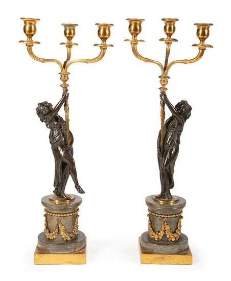 Patinated Bronze and Marble Candelabra
