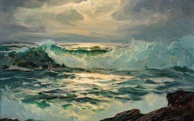 Paul Strisik (American, 1918-1998) Oil on Artist Board "Rocky Surf", W 12" L 16"